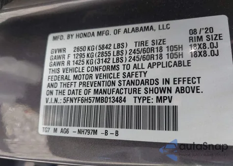 2021 Honda Pilot Awd Ex-L из США, поврежденный, VIN 5FNYF6H57MB013484